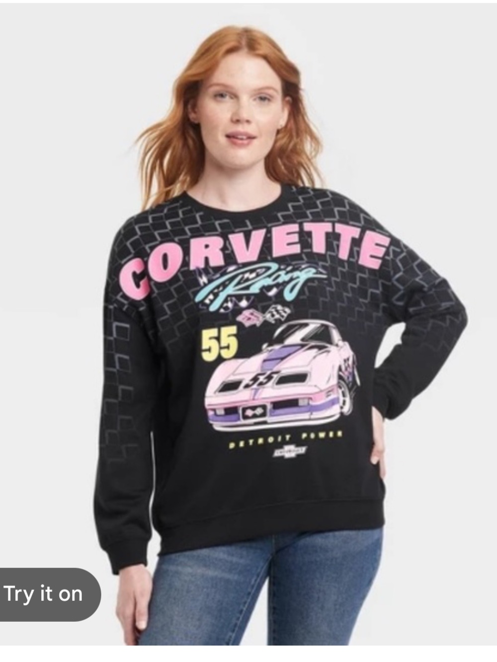 Hybrid & company Black Corvette Graphic Crewneck Sweatshirt with Pink Accents